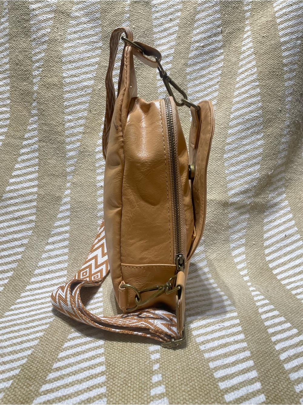 Tan Crossbody Sling Bag with Patterned Strap - Picture 10 of 16